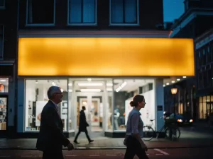 Verlichte winkelpui met warm amber gloed op een drukke Nederlandse straat in de schemering, voorbijgangers in zachte bewegingsonscherpte.