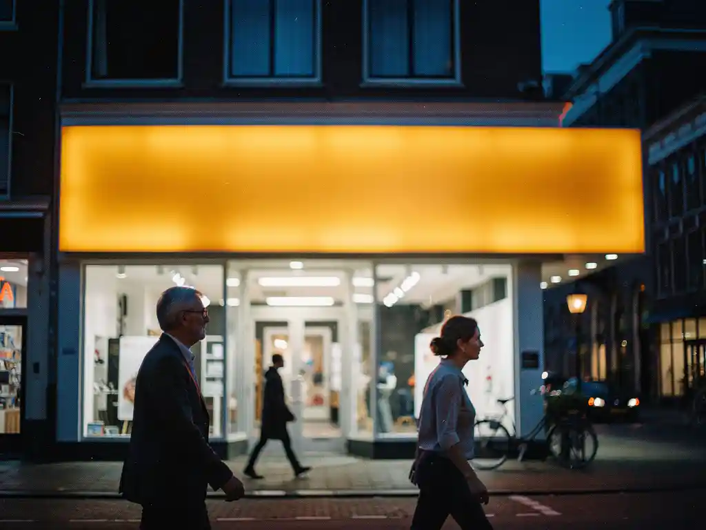 Verlichte winkelpui met warm amber gloed op een drukke Nederlandse straat in de schemering, voorbijgangers in zachte bewegingsonscherpte.