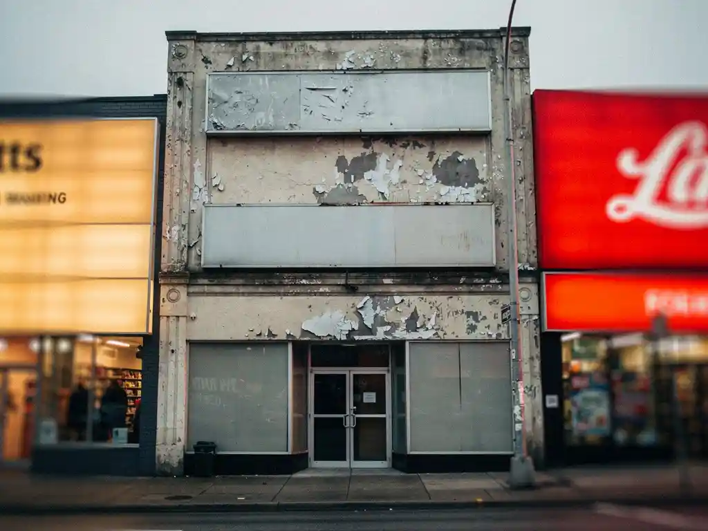 Verweerde gevel met vervaagde, afbladderende borden naast heldere, verlichte uithangborden van concurrenten op straatniveau.