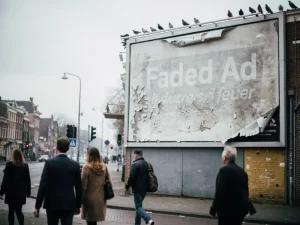 Vervaagd, afbladderende reclamebord op een druk Nederlands straathoek met voorbijgangers, duiven op de bovenkant, bewolkte lucht.