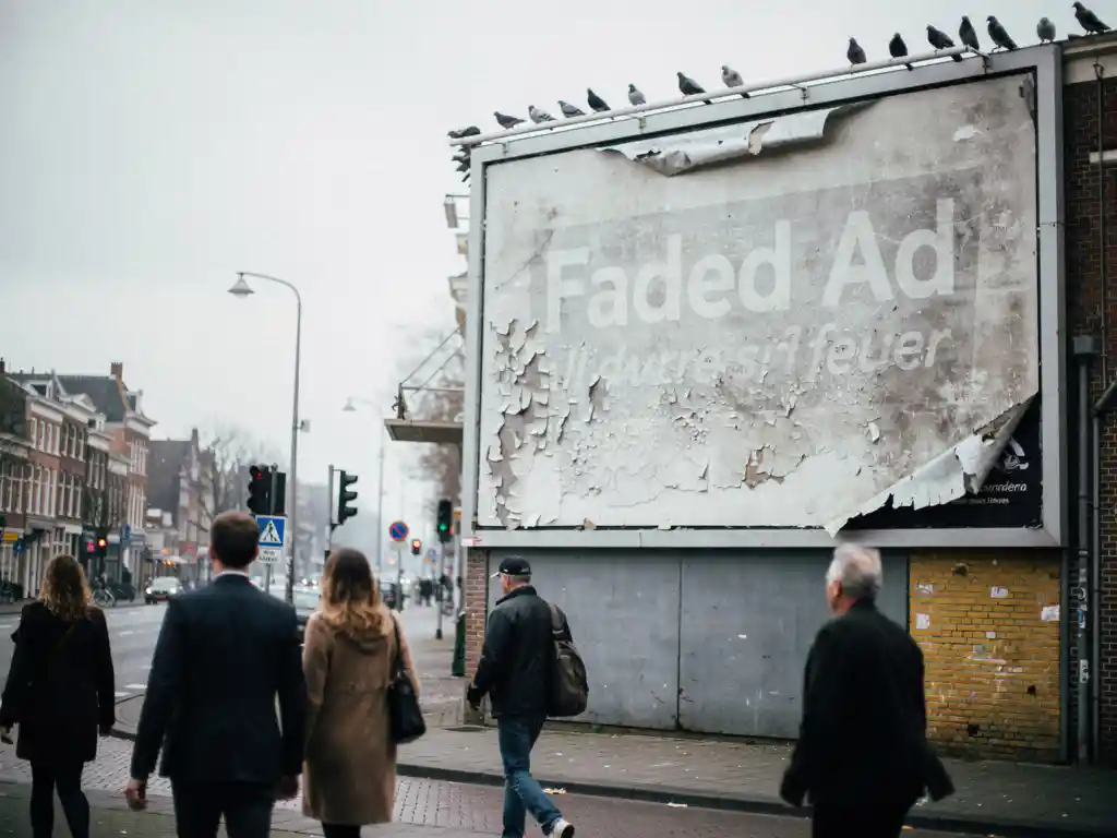 Vervaagd, afbladderende reclamebord op een druk Nederlands straathoek met voorbijgangers, duiven op de bovenkant, bewolkte lucht.