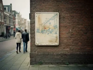 Vervaagd en afbladderd winkelbord op bakstenen gevel aan rustige Nederlandse straat, voorbijgangers in zacht bewolkt daglicht.