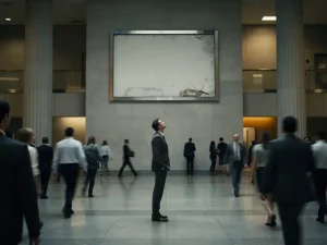 Verward bezoeker in drukke lobbyruimte staart naar leeg, verouderd infobord aan de muur terwijl omstanders doelgericht voorbijlopen.