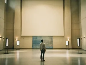 Verwarde bezoeker in moderne lobby met lege, onbeborderde muren en geen bewegwijzering.