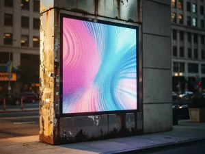 Verweerd digitaal reclamebord op stedelijke gevel met gloeiend LED-scherm naast roestige metalen behuizing in middagzonlicht.