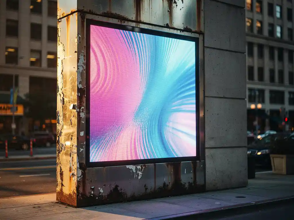 Verweerd digitaal reclamebord op stedelijke gevel met gloeiend LED-scherm naast roestige metalen behuizing in middagzonlicht.