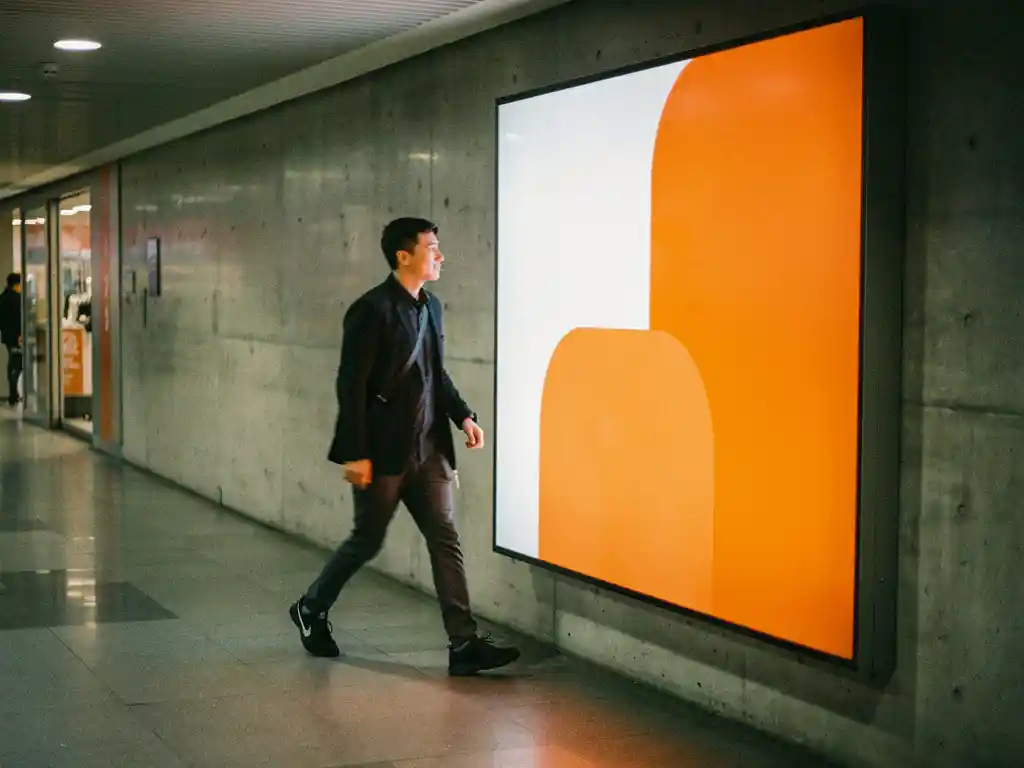 Voorbijganger die snel langs levendige oranje en witte winkelbordsignage loopt in moderne retailgang met betonnen muren.