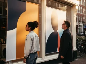 Voorbijgangers bekijken grote gedrukte etalageposter met grafische ontwerpen in amber, marineblauw en wit op drukke Nederlandse straat.