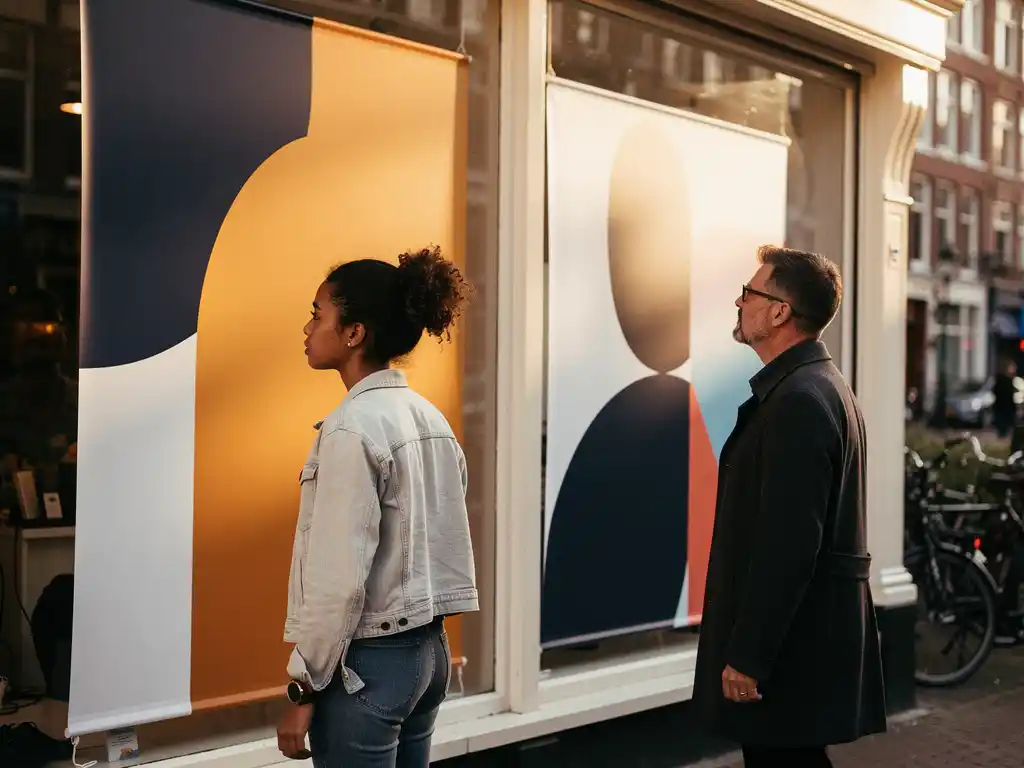 Voorbijgangers bekijken grote gedrukte etalageposter met grafische ontwerpen in amber, marineblauw en wit op drukke Nederlandse straat.
