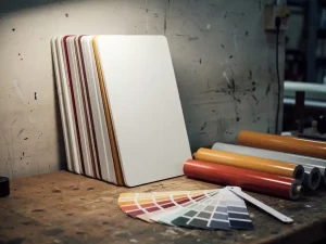 Stapel winkelgevelreclames met licht afwijkende merkkleuren tegen werkplaatsmuur, vinylrollen en kleurenwaaier op houten werkbank.