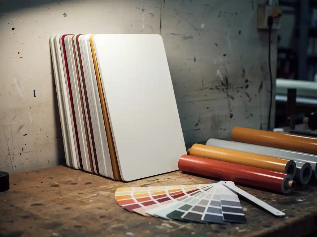 Stapel winkelgevelreclames met licht afwijkende merkkleuren tegen werkplaatsmuur, vinylrollen en kleurenwaaier op houten werkbank.