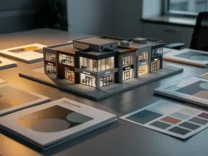 Architectonisch schaalmodel van winkelgevels met uiteenlopende uitstraling op een kantaartafel, merkrichtlijnmappen op de achtergrond.